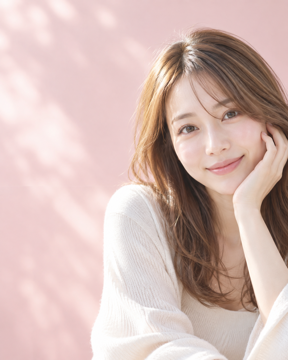 頬に手を添えて自然に微笑む女性